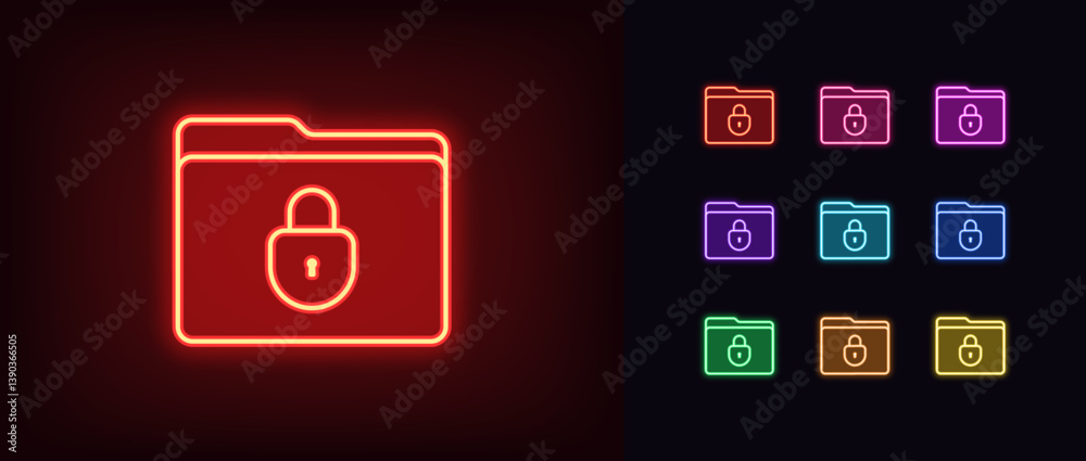 Poster outline neon locked folder icon set. glowing neon computer folder with lock icon, blocked data acces
