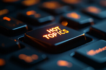 Close-up of illuminated keyboard key displaying "Hot Topics" in orange, suggesting current events or trending subjects, ideal for news or blog websites