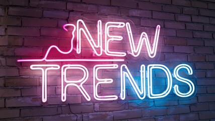 Obraz premium Neon sign displaying the phrase NEW TRENDS on a brick wall