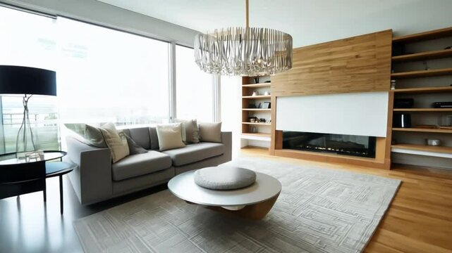 Bright Modern Living Room with Fireplace and Large Window