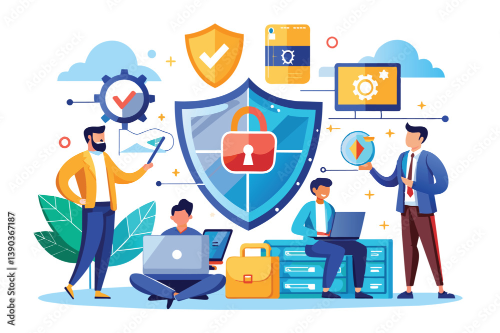 Poster an illustration depicting a secure data protection system with multiple security features and a team