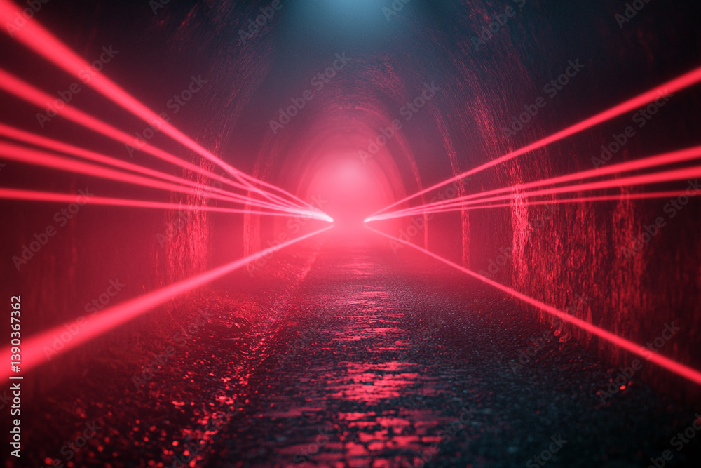 Poster red laser beams illuminate a dark tunnel, creating a dramatic and mysterious atmosphere, showcasing 