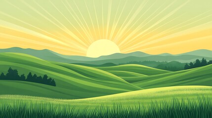 Obraz premium Sun rising over rolling green hills and grassy fields.