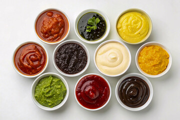 Colorful Dipping Sauce Variety Overhead