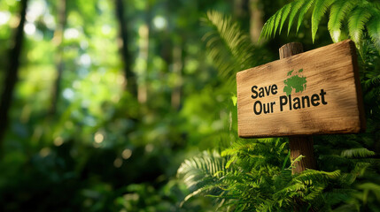 Save our planet sign lush green forest symbolizes importance of earth day and environmental care