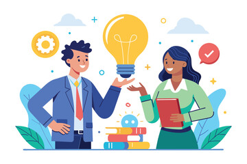 Two business professionals, one male and one female, stand beside a stack of books and a lightbulb, discussing a new idea.