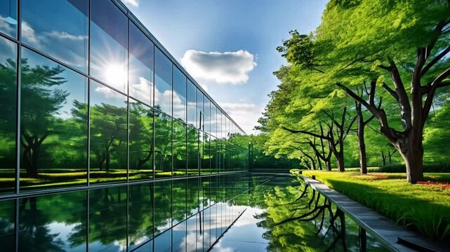 Modern Glass Building Reflecting Trees and Sky in Water