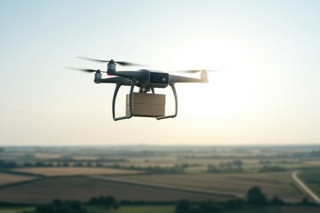 Flying drone carries package above vast landscape, showcasing te