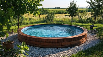 Fototapeta premium Beautiful Round Wooden Swimming Pool Surrounded by Greenery in Tranquil Countryside Setting