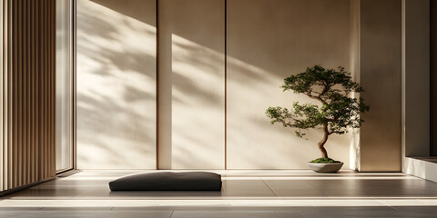 Tranquil minimalist zen corner with sunlight perfect for serene living calming vibes elegant space inspiration