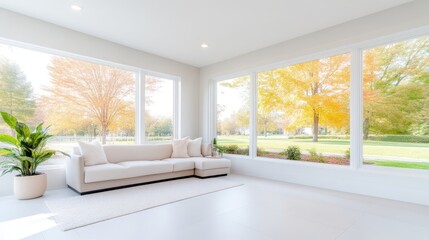 Fototapeta premium Bright, modern living room with fall foliage view