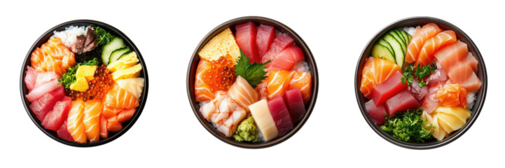 A bowl of Japanese chirashi sushi with fresh sashimi on a transparent background