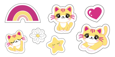 Vector set of cute stickers with cats and cute elements on white background. Cartoon characters cute kittens,  star, heart, rainbow, chamomile