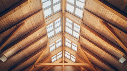 Obraz premium Wooden ceiling with skylights, showcasing natural light and architectural design, representing warmth, serenity, and craftsmanship