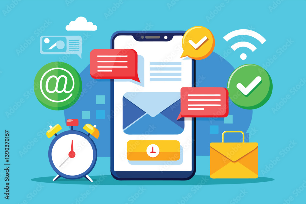 Poster an illustration depicting a smartphone displaying an email inbox with multiple notifications and che