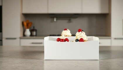 ⁨Photorealistic, close-up on a pristine white cake box mockup, a few whipped cream and berry topped pies peeking out, arranged carefully within. The box is set precisely on a polished concrete kitchen
