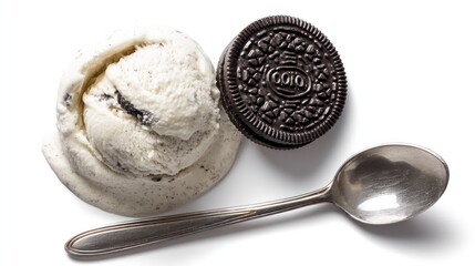 Fototapeta premium Delicious Cookies and Cream Ice Cream with Chocolate Sandwich Cookies and Spoon