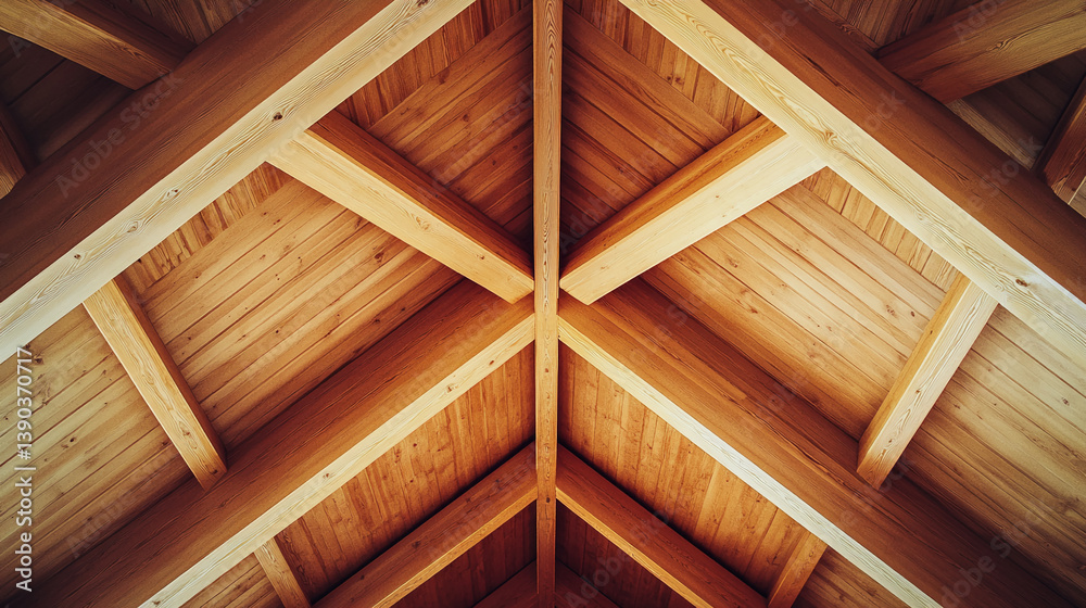 Aufkleber wooden ceiling beams and planks create a geometric pattern, showcasing craftsmanship and natural woo