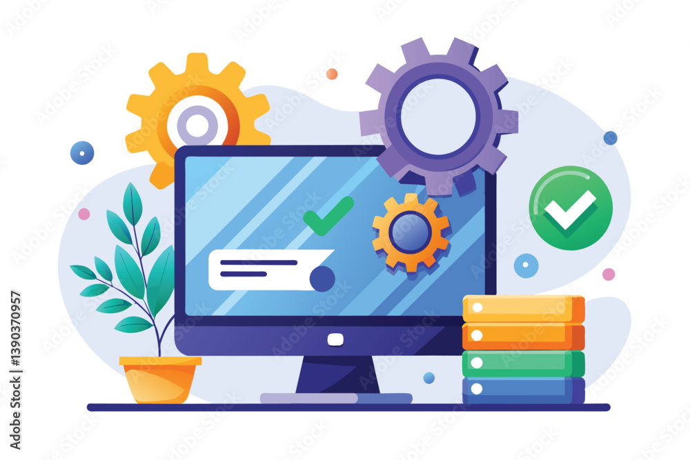Fototapete a colorful illustration depicting a computer with gears and checkmarks, signifying successful system
