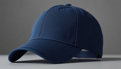 Fototapeta premium ⁨⁨Realistic medium shot a brand new, pristine, unbranded baseball cap made of tightly woven navy blue cotton twill. Lighting is soft and diffused, mimicking overcast daylight, with subtle gradations