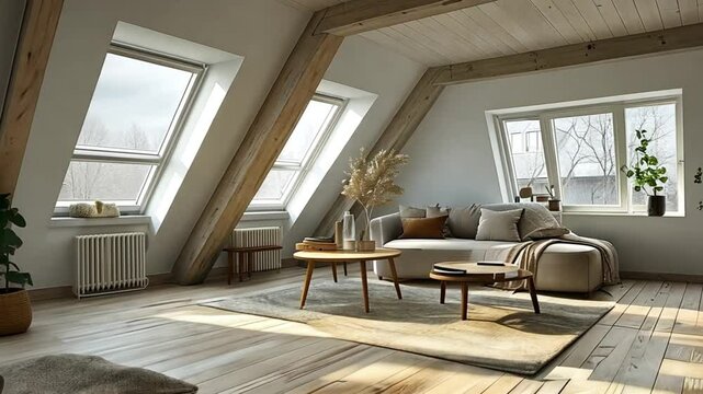 Bright Attic Living Room with Skylight and Cozy Furniture