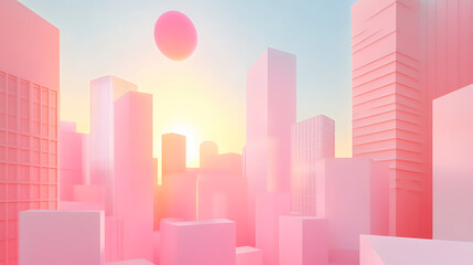 Pink city skyline at sunrise.