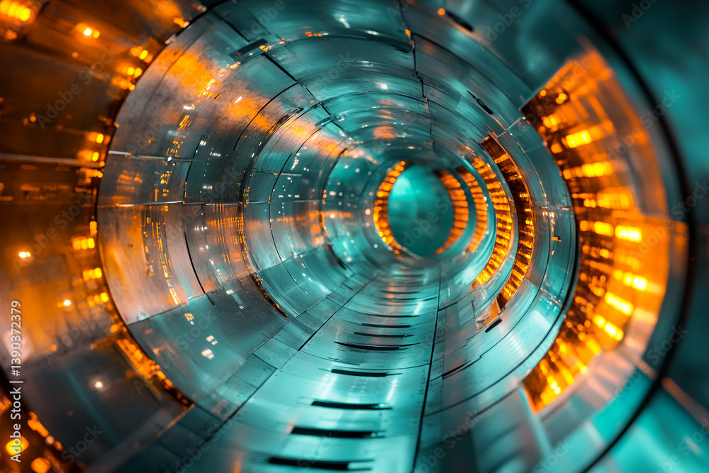 Aufkleber abstract image of a teal and orange futuristic tunnel, showcasing a technological or science fiction