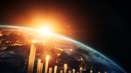 Global view of Earth from space, sunrise, golden bar graph rising over continents, symbolizing global finance, economic growth, and investment