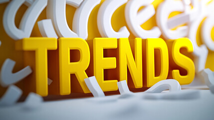 Yellow 3D word TRENDS breaking through white letters, showcasing current trends concept, ideal for marketing or advertising
