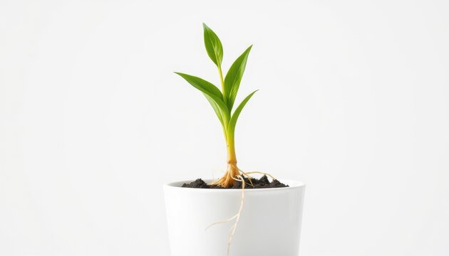 Photorealistic macro photograph, a seedling Triticale wheat-rye hybrid (Triticosecale). Side view, extreme close-up. The seedling is growing from a small, white pot. The roots are visible. Sharp focus