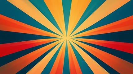 Retro sunburst background in orange, teal, and red tones.