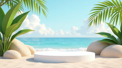 Obraz premium minimalist summer display features trendy rendering peaceful beach scene abstract