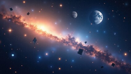 Blue Planet Earth and Moon Orbiting Distant Star in Dark Cosmos
