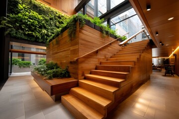 Fototapeta premium Modern Timber Staircase Surrounded by Natural Plants and Panels