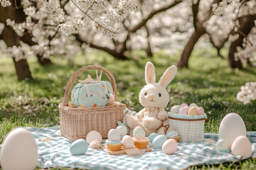 Easter Picnic with Bunny and Eggs in Blossom Garden