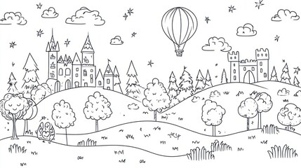 Cute cartoon castle landscape with hot air balloon