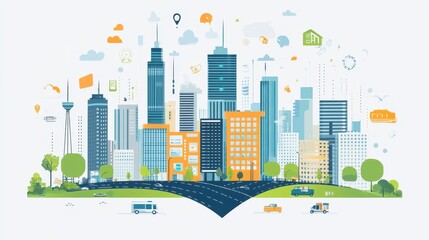 Vibrant Cityscape with Modern Buildings and Icons