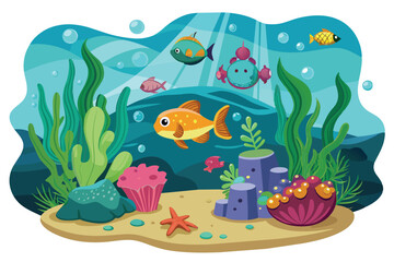Naklejka premium An illustration of a vibrant underwater scene featuring colorful fish swimming amongst seaweed, coral, and rocks.