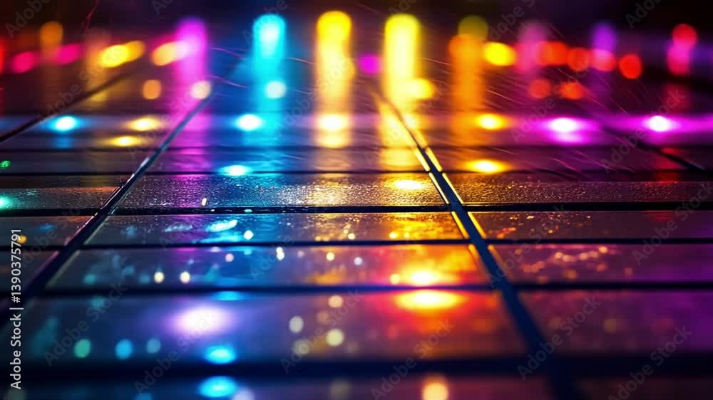 Poster vibrant and colorful abstract light patterns reflected on a glossy surface in a dark environment cre