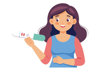 A cartoon image of a woman with long brown hair, wearing a light blue shirt and a pink sweater, smiling and holding a positive pregnancy test. She is standing against a white background.