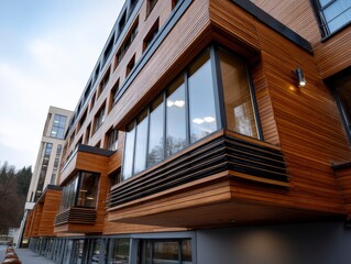 Fototapeta premium Modernist Facade of a Building with Wood and Glass Elements