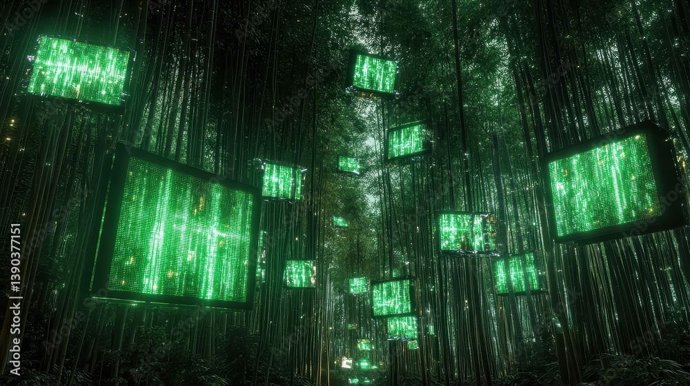 Poster screens floating among trees displaying green code patterns