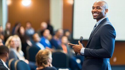 Confident African American businessman speaking at conference, seminar or corporate event, using microphone, smiling positively, public speaker engaging diverse audience successful professional career
