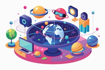 Fototapeta premium A colorful isometric illustration depicting a virtual reality experience with Earth in the center surrounded by planets, stars, and a computer screen.