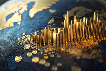 Golden bars form a graph on a dark world map, interspersed with gold coins, symbolizing global finance, market trends, or cryptocurrency investment