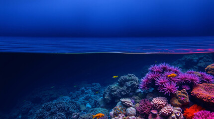 Naklejka premium Coral reef, fish, underwater, vibrant, neon, aquarium, marine, colorful, tropical, ocean, sea, aquatic, purple, blue, pink, glow, fluorescent, anemone, reef, school, swimming, bright, vivid, lively, v