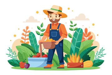 A happy farmer stands in a garden, holding a basket filled with harvested produce. He smiles as he looks toward his work, surrounded by vibrant greenery.