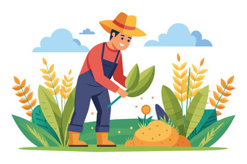 A cartoon illustration of a happy farmer working in a field, surrounded by plants and flowers.