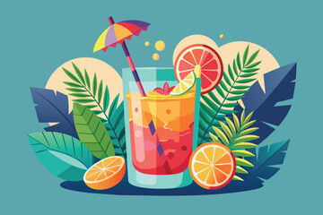 A colorful illustration of a refreshing summer cocktail with citrus fruits and tropical leaves.
