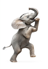 happy elephant dance dance , stand up by two legs and funny dance , smile, realistic pose, full body, natural light, full hd 8K, white isolated background, hyperrealistic photography